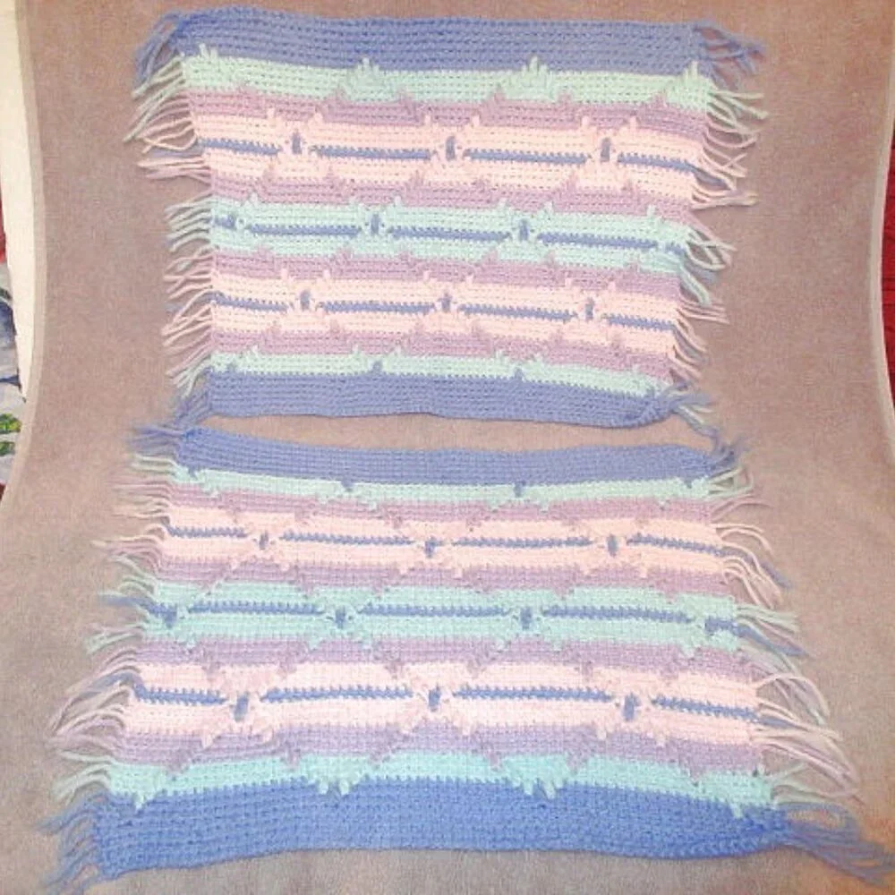 Vintage 70s Hand Knit Placemats Set Of 2 Textured Fringe Pastel Boho Table Decor